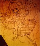  arm_up domotolain hat looking_at_viewer monochrome orange_(color) shameimaru_aya short_hair sketch smile solo standing tokin_hat touhou traditional_media wings 