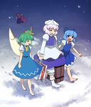  aki_minoriko aki_shizuha bad_id bad_pixiv_id barefoot blue_hair cirno daiyousei green_hair hat letty_whiterock multiple_girls purple_hair ribbon snow socks tonbi touhou wings 