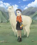  1girl animal animal_ears ankle_boots boots cloud copyright_request day gloves hat highres llama long_hair meadow mountain pantyhose pouch scarf solo white_hair 