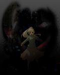  :d black_eyes blonde_hair brown_skirt dakkarubi dark full_body green_sweater grey_background long_hair long_sleeves medium_skirt monster open_mouth poniko ponytail shadow sidelocks simple_background skirt smile standing sweater thighhighs uboa yume_nikki 