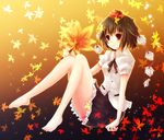  autumn_leaves bare_legs barefoot black_skirt brown_hair full_body hat looking_at_viewer puffy_short_sleeves puffy_sleeves red_eyes shameimaru_aya short_hair short_sleeves sitting skirt solo tokin_hat touhou vienri 