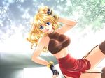  arumacchi blonde_hair blue_eyes breasts buckle excellen_browning from_side garter_straps large_breasts long_hair looking_at_viewer looking_to_the_side midriff navel solo stomach super_robot_wars 