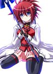  adapted_costume blue_eyes breasts cape erio_mondial fingerless_gloves genderswap genderswap_(mtf) gloves lyrical_nanoha mahou_shoujo_lyrical_nanoha_strikers medium_breasts older red_hair skirt solo strada thighhighs utanone_shion zettai_ryouiki 