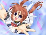  bad_id bad_pixiv_id blue_eyes bow brown_hair feathers from_above hair_ribbon lyrical_nanoha mahou_shoujo_lyrical_nanoha outstretched_arms ribbon solo spread_arms tadokoro_teppei takamachi_nanoha twintails 