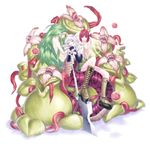  alchemist_(ragnarok_online) axe boots embryo flower green_hair grey_hair isis lamia lif_(ragnarok_online) long_hair mandragora_(ragnarok_online) monster_girl mr.romance multiple_girls pink_hair plant_girl ragnarok_online very_long_hair weapon 