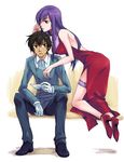  androgynous brown_hair dress gundam gundam_00 high_heels leg_garter male_focus multiple_boys nakao_kame otoko_no_ko purple_hair red_eyes setsuna_f_seiei shoes tieria_erde 