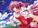  airi_(quilt) bird blush carnelian cloud day feathers long_hair quilt_(game) sky solo two_side_up 