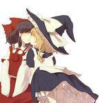  apron ascot black_hair blonde_hair bow closed_eyes detached_sleeves hair_bow hair_tubes hakurei_reimu hat imminent_kiss kirisame_marisa kiss mow multiple_girls skirt smile socks touhou vest witch_hat yuri 