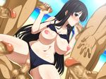  1girl abe_inori akiyama_mio areolae bare_arms bare_legs bare_shoulders beach bikini bikini_lift black_bikini black_hair blush breasts censored clothed_female_nude_male fellatio gangbang girl_on_top group_sex handjob highres k-on! large_breasts legs long_hair looking_at_viewer lying mio_akiyama navel nipples ocean oral penis puffy_nipples purple_eyes sand sex sitting sitting_on_person sky solo_focus standing sun sweat swimsuit tears thighs thong thong_aside vaginal water 