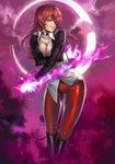  aura banned_artist black_footwear boots breasts choker cleavage cloud crescent_moon genderswap genderswap_(mtf) long_hair medium_breasts moon pants parted_lips red_eyes red_hair red_pants smile solo the_king_of_fighters tight tight_pants yagami_iori yinan_cui 