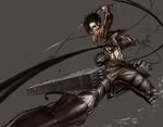  black_hair cable dual_wielding eren_yeager green_eyes grey_background highres holding lain long_sleeves male_focus pants paradis_military_uniform shingeki_no_kyojin solo sword thigh_strap uniform weapon 
