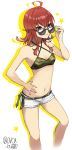  1girl ahoge arashi_(kantai_collection) bangs bare_arms bare_shoulders bikini breasts brown_eyes brown_hair camouflage camouflage_bikini cleavage criss-cross_halter eyebrows_visible_through_hair feet_out_of_frame fingernails grin hair_between_eyes halter_top halterneck hand_on_eyewear hand_on_hip hand_up highres kantai_collection long_hair looking_at_viewer looking_over_eyewear medium_hair messy_hair navel parted_lips shadow short_shorts shorts simple_background small_breasts smile solo star sunglasses swimsuit twitter_username white_background white_shorts yamashiki_(orca_buteo) 