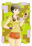  black_hair bob_cut breasts brown_eyes digital_media_player headphones headphones_around_neck ipod ipod_nano original shirt short_hair short_shorts shorts skullcandy small_breasts solo t-shirt taut_clothes valjim watch wristband wristwatch 