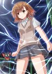  bandana biribiri brown_eyes brown_hair cat crossover electricity hair_ornament hairpin highres kazenokaze misaka_mikoto nichijou railing sakamoto_(nichijou) school_uniform skirt to_aru_kagaku_no_railgun to_aru_majutsu_no_index 