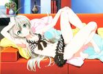  absurdres ahoge armpits barefoot bikini blush checkered checkered_bikini couch green_eyes haiyore!_nyaruko-san highres huge_ahoge legs long_hair lying nyarlathotep_(nyaruko-san) official_art silver_hair smile solo swimsuit 