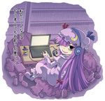  bags_under_eyes beats_by_dr._dre blush book bookshelf character_doll check_translation colonel_aki computer crescent crescent_hair_ornament hair_ornament hair_over_one_eye hat headphones kirisame_marisa laptop long_hair looking_at_viewer messy messy_room mouse_(computer) neet parody patchouli_knowledge purple_eyes purple_hair sitting smile solo touhou translated translation_request trash trash_bag watashi_ga_motenai_no_wa_dou_kangaetemo_omaera_ga_warui! 