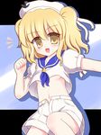  blonde_hair blue_sailor_collar breasts hat kitashirakawa_chiyuri ry sailor sailor_collar sailor_hat short_hair shorts small_breasts smile solo touhou touhou_(pc-98) twintails underboob yellow_eyes 