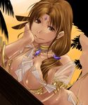  anklet armlet bikini bindi breasts brown_eyes brown_hair choker dancer dancer_(ragnarok_online) dark_skin jewelry looking_at_viewer medium_breasts money money_hold mr.romance palm_tree ragnarok_online reclining resting solo sweat swimsuit tree 