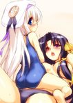  ass bikini black_hair blue_eyes blush breasts hair_ribbon hat jpeg_artifacts kurugaya_yuiko little_busters! long_hair medium_breasts multiple_girls noumi_kudryavka one-piece_swimsuit purple_eyes ribbon school_swimsuit silver_hair swimsuit zen 