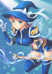  blonde_hair blue_legwear boots breasts dakun gloves hat large_breasts league_of_legends luxanna_crownguard midriff skirt solo sorceress_lux staff thigh_boots thighhighs witch_hat 