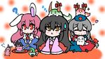  &gt;_&lt; :3 ? animal_ears black_hair bonobono_(en-rai) brown_eyes bunny_ears bunny_tail chibi closed_eyes cup green_hair grey_hair hat heart highres houraisan_kaguya inaba_tewi long_hair multiple_girls mystia_lorelei mystia_lorelei_(bird) nurse_cap pink_hair red_eyes reisen_udongein_inaba sukusuku_hakutaku sweatdrop tail touhou wriggle_nightbug x3 yagokoro_eirin 