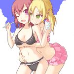  bikini blonde_hair drinking_straw green_eyes hug hug_from_behind kuro_(be_ok) long_hair multiple_girls navel one_eye_closed original pink_eyes red_hair shaved_ice short_hair spoon_straw swimsuit twintails wince 