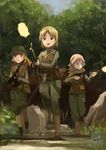  3girls artist_name assault_rifle blonde_hair blue_eyes brown_hair charlotte_e_yeager country_connection crossover dated day firing girls_und_panzer gun helmet highres kanokoga kay_(girls_und_panzer) load_bearing_vest long_hair m16a4 m16a4_(upotte!!) military military_uniform multiple_girls rifle running short_hair strike_witches submachine_gun thompson_submachine_gun tree uniform upotte!! weapon world_witches_series 