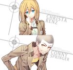  1girl bad_id bad_pixiv_id blonde_hair blue_eyes blush brown_eyes buckle character_name christa_renz connie_springer head_tilt jacket looking_at_viewer military military_uniform open_clothes open_jacket paradis_military_uniform parody shingeki_no_kyojin shirt short_hair simple_background text_focus uniform very_short_hair vkekrdhs white_background white_shirt 