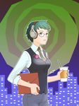  blue_eyes breasts coffee digital_media_player envelope glasses green_hair headphones ipod ipod_shuffle manila_envelope medium_breasts necktie office_lady original pencil_skirt red-framed_eyewear skirt sleeves_rolled_up solo sony valjim vest walking 