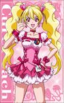  blonde_hair bow brooch character_name choker corset cure_peach earrings fresh_precure! hair_ornament hairpin hand_on_hip hanzou heart heart_hair_ornament jewelry long_hair magical_girl momozono_love pink_background pink_bow pink_choker pink_eyes precure ribbon skirt smile solo twintails wrist_cuffs 