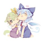  animal_ears ascot bad_id bad_pixiv_id barefoot blue_dress blue_hair blush bow cat_ears cat_tail cheek-to-cheek chibi cirno closed_eyes daiyousei dog_ears dog_tail dress fairy_wings fang green_eyes green_hair hair_bow heart ice ice_wings kemonomimi_mode masirosu multiple_girls one_eye_closed open_mouth puffy_sleeves shirt short_sleeves simple_background sitting skirt skirt_set tail touhou v_arms vest wariza white_background wings 