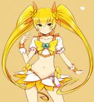  blonde_hair bow choker contrapposto cure_sunshine groin hair_ribbon heart heartcatch_precure! long_hair magical_girl midriff minatsuki_randoseru myoudouin_itsuki navel orange_bow orange_choker precure ribbon skirt smile solo standing twintails wrist_cuffs yellow_bow yellow_eyes 