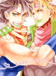  akizuki_hakuto black_hair blonde_hair blue_eyes caesar_anthonio_zeppeli fingerless_gloves gloves green_eyes jojo_no_kimyou_na_bouken joseph_joestar_(young) lipstick makeup male_focus multiple_boys tegaki 