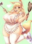  1girl animal_ears apron bare_shoulders blonde_hair breasts cooking female fox_ears fox_tail hair_ornament heart highres huge_breasts jumping kokumotsu long_hair maid_headdress naked_apron open_mouth original plump simple_background slippers solo tail thighhighs white_legwear white_thighhighs yellow_eyes 