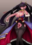  1girl agram agram_the_witch arad_senki areolae black_hair breasts breasts_outside caooll curvy dungeon_and_fighter female hair_ornament highres huge_breasts lipstick long_hair makeup nipples no_panties original pantyhose pubic_hair pussy skirt solo standing torn_clothes uncensored white_lipstick yellow_eyes 