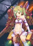  ammunition_belt bad_id bad_pixiv_id collarbone colored_eyelashes elbow_gloves fangxiang_cuoluan frown gloves green_hair gun highres mecha navel original panties power_suit solo thighhighs twintails underwear weapon yellow_eyes 
