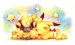  ^_^ arm_pillow bad_id bad_pixiv_id blue_eyes blush closed_eyes closed_mouth gen_1_pokemon gen_2_pokemon gen_5_pokemon happy head_tilt joltik kuronekotarou leaning_to_the_side looking_at_another lying lying_on_another mareep no_humans on_stomach one_eye_closed pikachu pokemon pokemon_(creature) star 