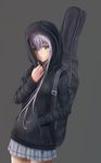  aki99 green_eyes guitar_case hand_in_pocket highres hood hoodie instrument_case jacket long_hair luo_tianyi purple_hair skirt solo vocaloid vocanese 