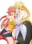  animal_ears belt blonde_hair blue_eyes blush breasts centaur centorea_shianus cleavage fang hair_ornament hairclip heart heart_hands heart_hands_duo horse_ears horse_tail huge_breasts lamia large_breasts long_hair looking_at_viewer miia_(monster_musume) monster_girl monster_musume_no_iru_nichijou multiple_girls okayado pointy_ears ponytail skirt slit_pupils smile tail very_long_hair yellow_eyes 
