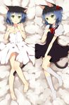  animal_ears barefoot black_hair blue_hair cat_ears cat_tail crossdressing dakimakura dress gradient_hair green_eyes hair_bobbles hair_ornament highres kiki_(tsunya) lying multicolored_hair multiple_views otoko_no_ko ryoune_yami school_uniform serafuku short_hair skirt socks tail utau 