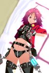  belt budweiser_(yakumoran2000) chain cosplay curtains dutch_angle echo_(taiyou_no_promia) highres jizeru jizeru_(cosplay) navel pink_eyes pink_hair short_hair smile solo taiyou_no_promia thighhighs tsurime weapon 