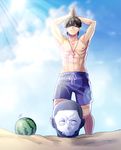  assassin_(fate/zero) beach blindfold day fate/zero fate_(series) food fruit holiday-jin kotomine_kirei male_swimwear mask multiple_boys sand stick suikawari swim_trunks swimwear watermelon 