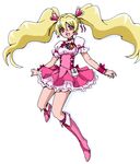  :d blonde_hair boots bow choker cure_peach fresh_precure! full_body hair_ornament heart heart_hair_ornament knee_boots long_hair momozono_love oekaki open_mouth pink_bow pink_choker pink_eyes pink_footwear precure simple_background smile solo turkey_min twintails white_background 