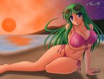  1girl beach bikini blue_eyes breast_hold breasts curvy female glasses glasses_on_head green_hair hayakawa_aoi huge_breasts jikkyou_powerful_pro_yakyuu kei_(milky_well) legs long_hair nail_polish navel ocean outdoors pink_bikini solo summer sunglasses sunset swimsuit tan tanline 