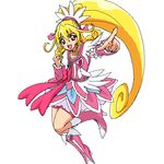  :d aida_mana bike_shorts blonde_hair boots bow clenched_hand cure_heart dokidoki!_precure half_updo long_hair oekaki open_mouth outstretched_arm pink_bow pink_eyes pink_footwear pink_sleeves pointing precure simple_background smile solo turkey_min white_background 