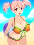  arms_behind_back ball beach beachball bikini blue_sky bow breasts brown_eyes cloud day frilled_bikini frills hataraku_maou-sama! huge_breasts kyoku_tou midriff navel open_mouth outdoors pink_hair sasaki_chiho short_hair short_twintails sky solo strap_gap swimsuit twintails 