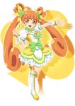  arm_up boots bow brown_eyes brown_hair choker cure_rosetta dokidoki!_precure double_bun earrings flower full_body green_choker hair_flower hair_ornament hair_ribbon jewelry kenbi_(hi_himmy) knee_boots long_hair magical_girl mosaic_background precure ribbon skirt smile solo standing standing_on_one_leg twintails wrist_cuffs yellow_background yotsuba_alice 