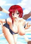  1girl areolae bare_shoulders beach bent_over blush breasts breasts_outside cloud clouds food highres hiviki_n&#039;alchemy hiviki_n'alchemy ice_cream large_breasts legs looking_at_viewer nipples ocean open_mouth popsicle red_eyes red_hair short_hair sky sweat swimsuit tan tanline thighs tongue tongue_out water 