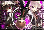  2girls ahoge akebi_(kakororo) black_hair blood bonnet braid brown_hair celestia_ludenberck danganronpa danganronpa_1 drill_hair gloves gothic_lolita green_eyes hair_ribbon hood hoodie jacket kirigiri_kyouko lolita_fashion long_hair monokuma multiple_girls naegi_makoto necktie purple_eyes purple_hair red_eyes ribbon school_uniform single_braid twin_drills twintails 