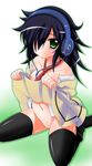  artist_request ayumu_patrick beats_by_dr._dre black_hair black_legwear blush breasts collarbone female gradient gradient_background green_eyes hair_over_one_eye headphones highres kuroki_tomoko long_hair looking_at_viewer loose_clothes navel necktie nipples no_bra no_panties open_clothes open_shirt pussy school_uniform shirt shoulders skirt skirt_lift solo thighhighs watashi_ga_motenai_no_wa_dou_kangaetemo_omaera_ga_warui! 